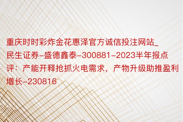 重庆时时彩炸金花惠泽官方诚信投注网站_民生证券-盛德鑫泰-300881-2023半年报点评：产能开释抢抓火电需求，产物升级助推盈利增长-230816